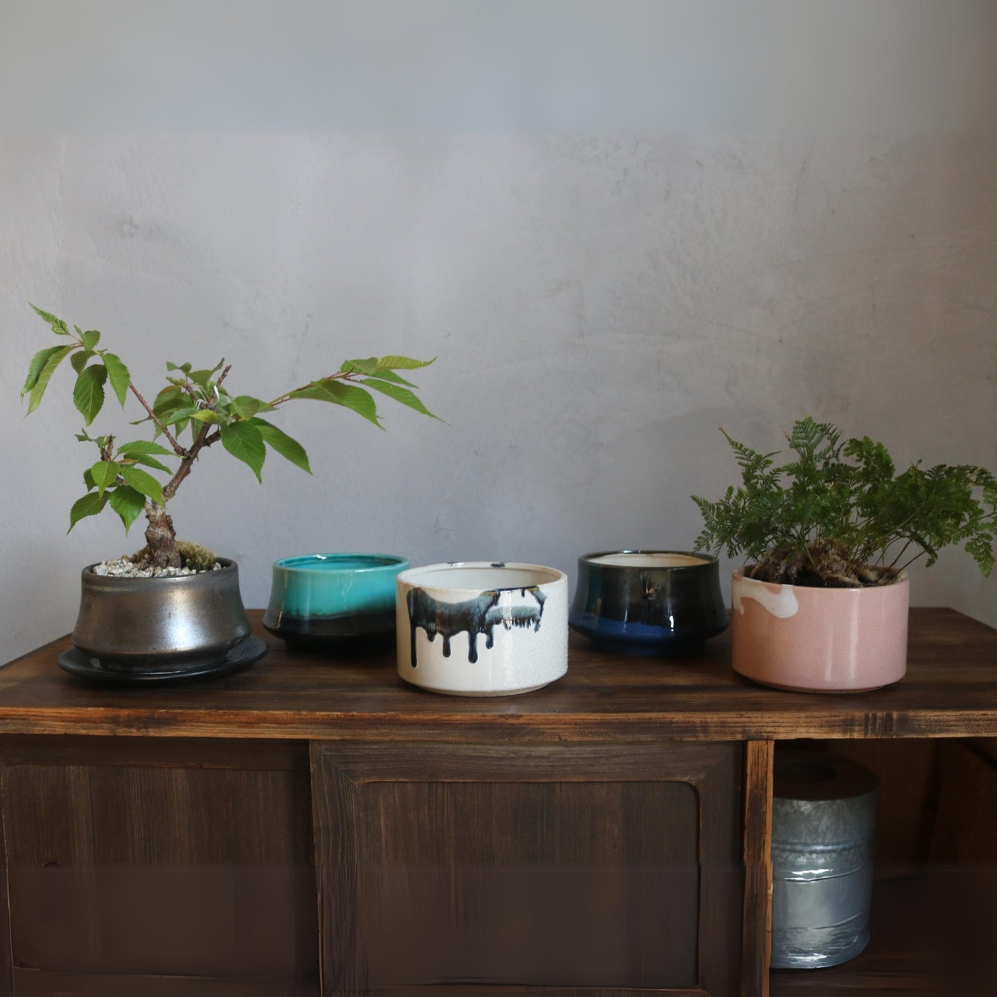 【アウトレット品】盆栽鉢 筒型さくら色 受け皿付き