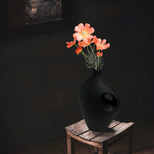 【アウトレット品】とって付き ブラックの陶器の花瓶　Lサイズ
